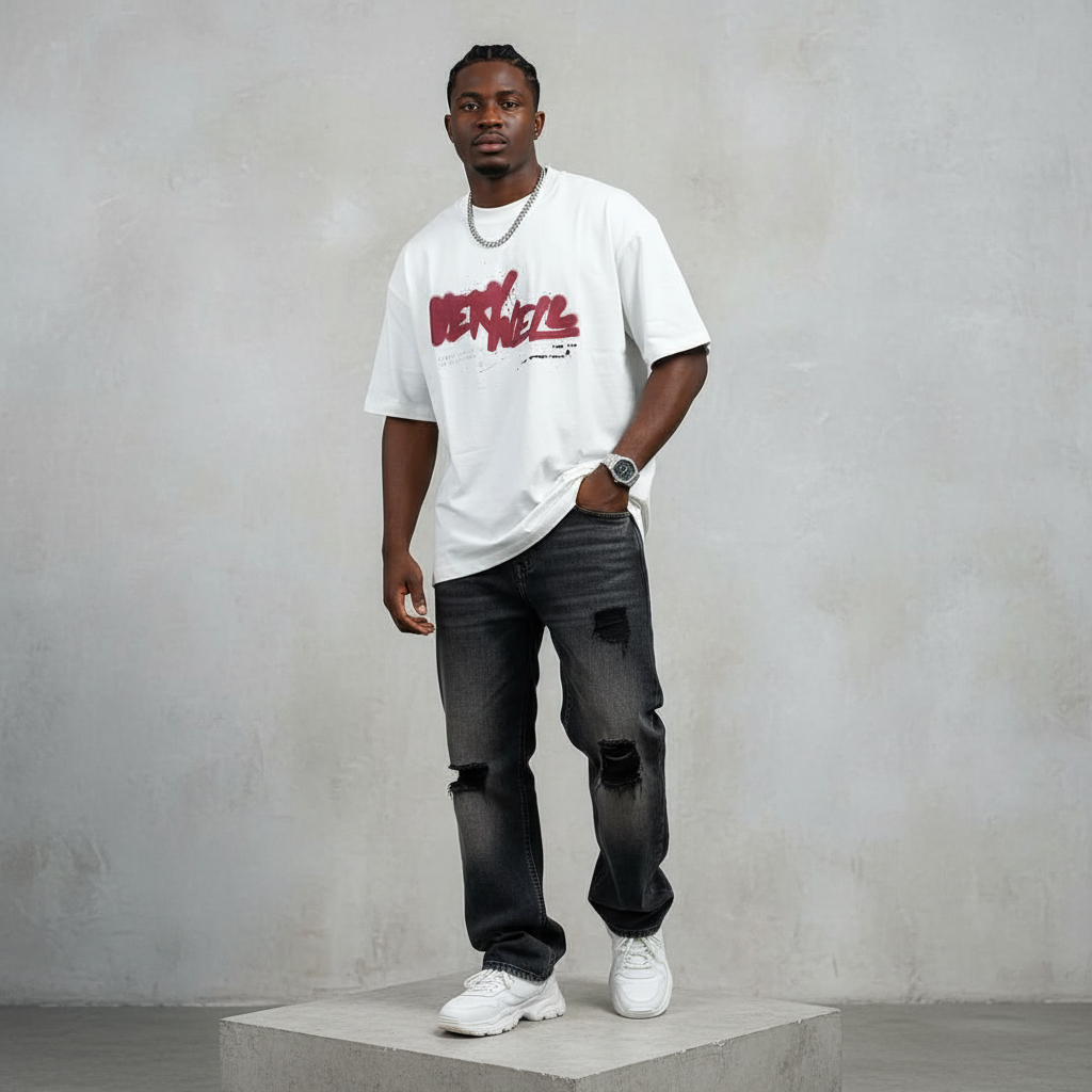 White Very Well Graffiti Oversized Tee - Male Model Front