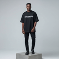 Black Embroidered Round Neck Short-Sleeved Shirt - Model Shot
