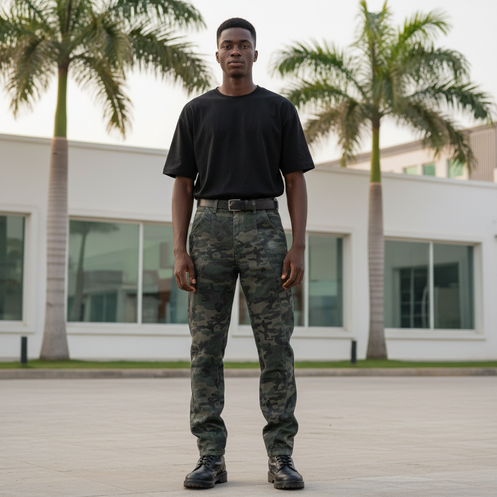 Model wearing dark camo carpenter straight-leg jeans