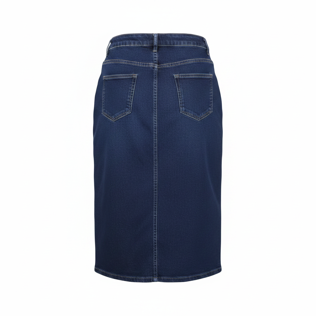 Navy Blue Denim Midi Skirt - Ghost Mannequin Back
