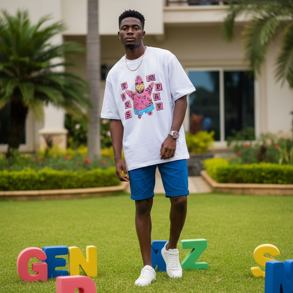 Nigerian male model wearing white oversized cartoon graphic tee in casual streetwear style