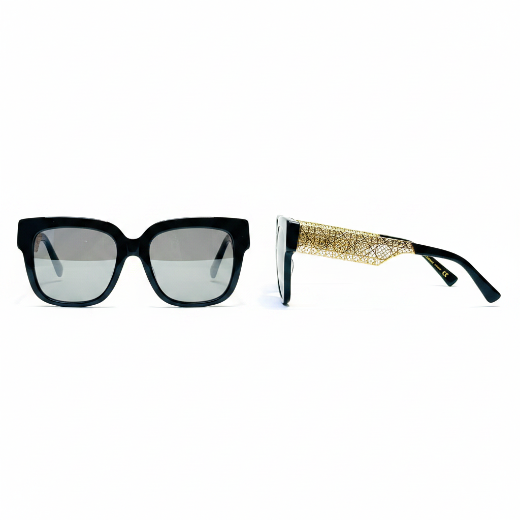Unisex black square sunglasses with gold lattice temple – front and side ghost mannequin view on white background