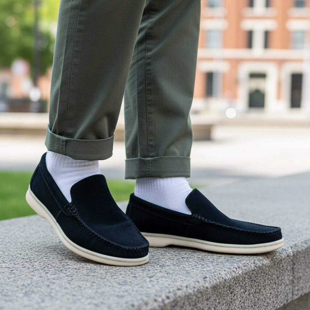 Model wearing navy blue suede moccasin-stitch slip-on loafers leg shot