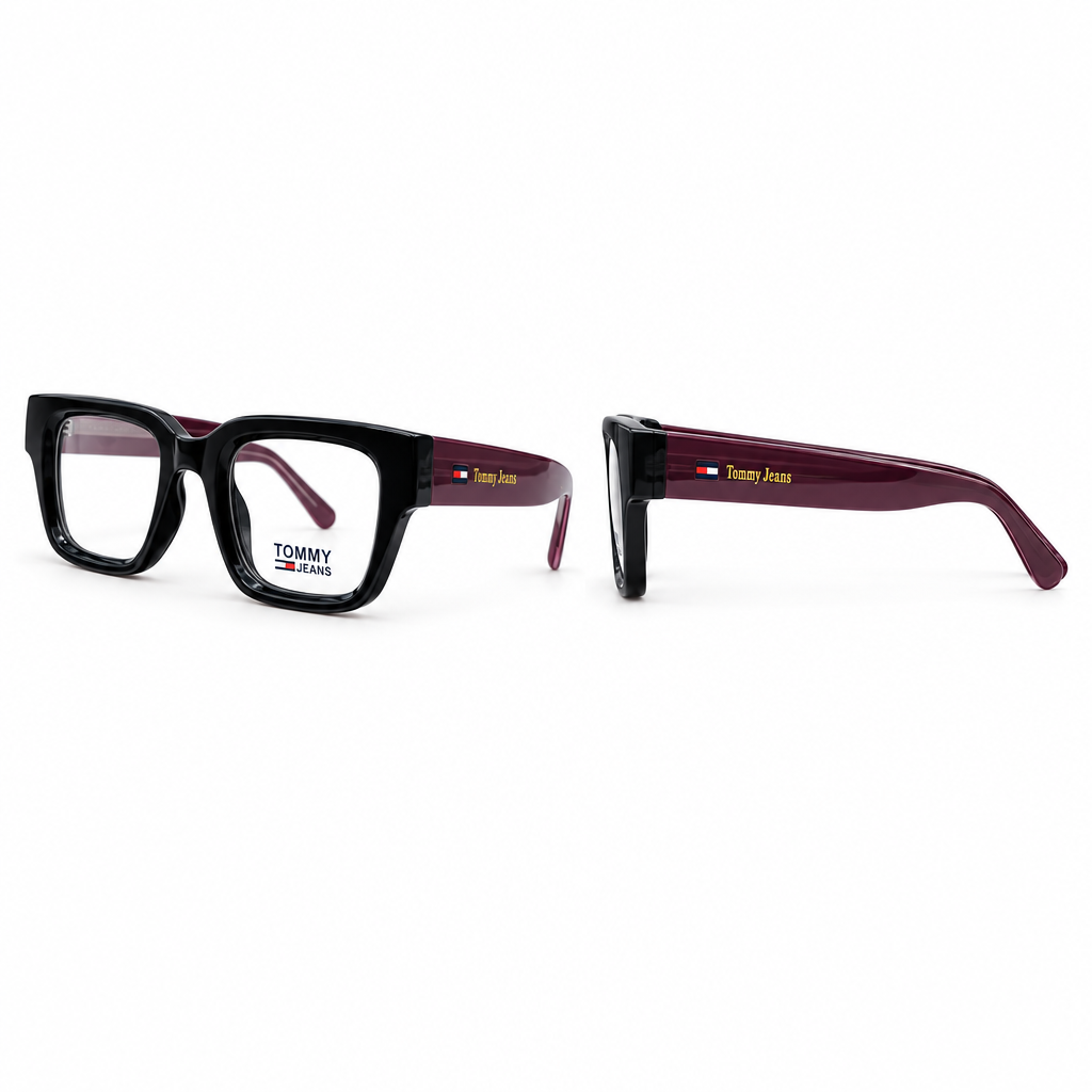 Black rectangular eyeglasses with burgundy arms in front and side views