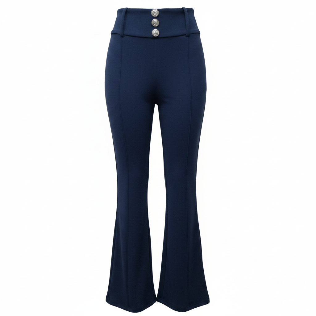 Navy Blue High-Waist Flare Trousers - Ghost Mannequin Front
