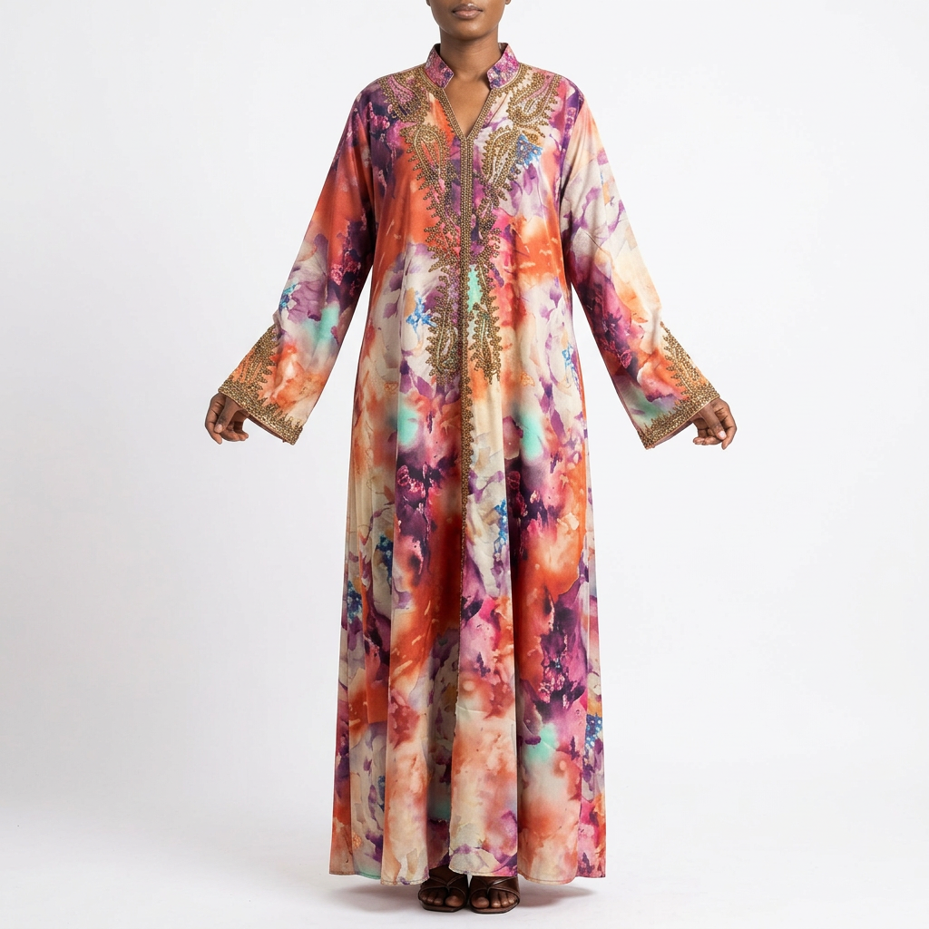 Woman wearing a flowing multicolour floral embellished abaya