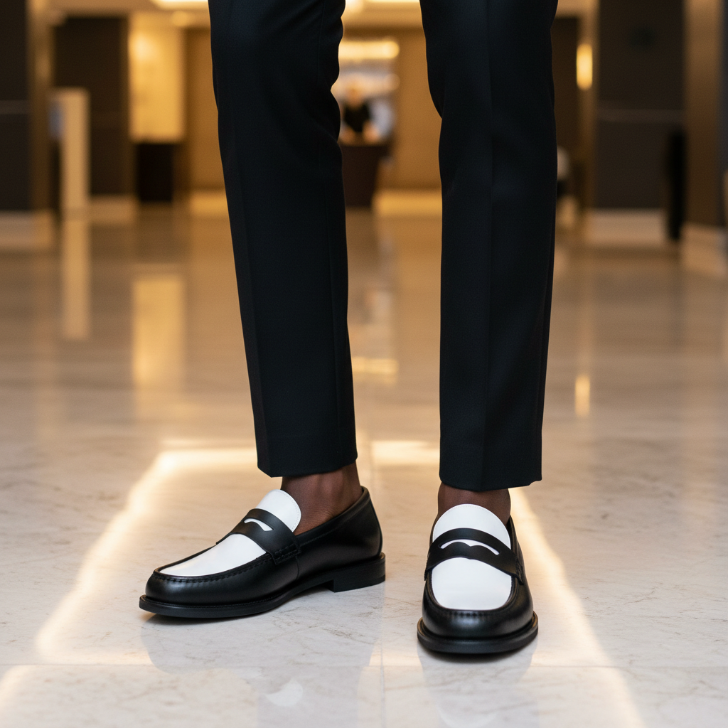Nigerian male model wearing two-tone black and white leather penny loafers, tight zoomed-in Italian luxury leg focus lifestyle shot