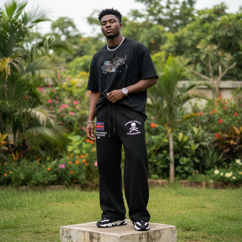 Nigerian male model wearing black skull and flag graphic wide-leg sweatpants – full body lifestyle shot