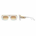 Unisex oversized flat-top sunglasses white acetate frame gradient amber honey lens gold Greek key temple hardware – front and side view