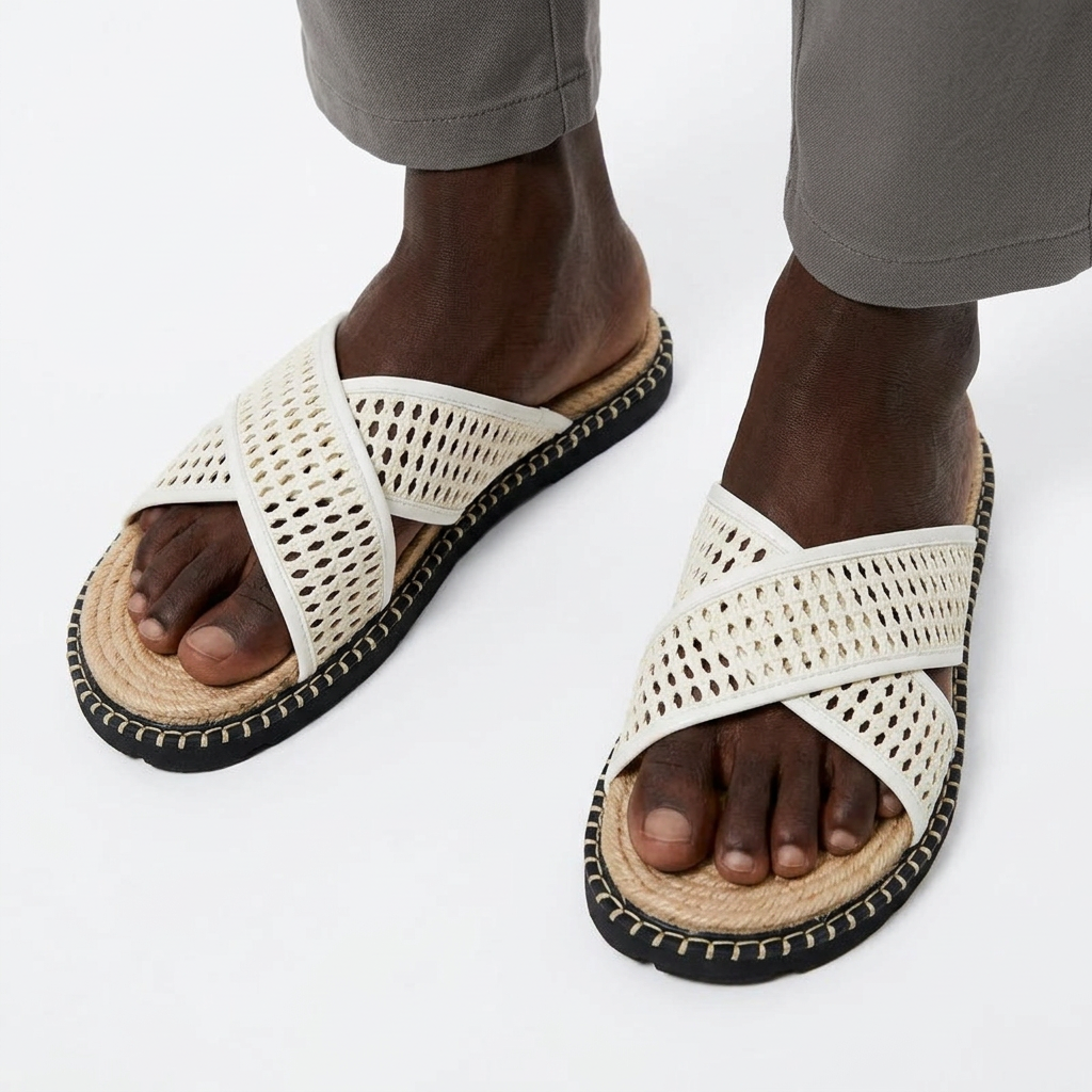 Both white woven slides worn by a Black male model on white
