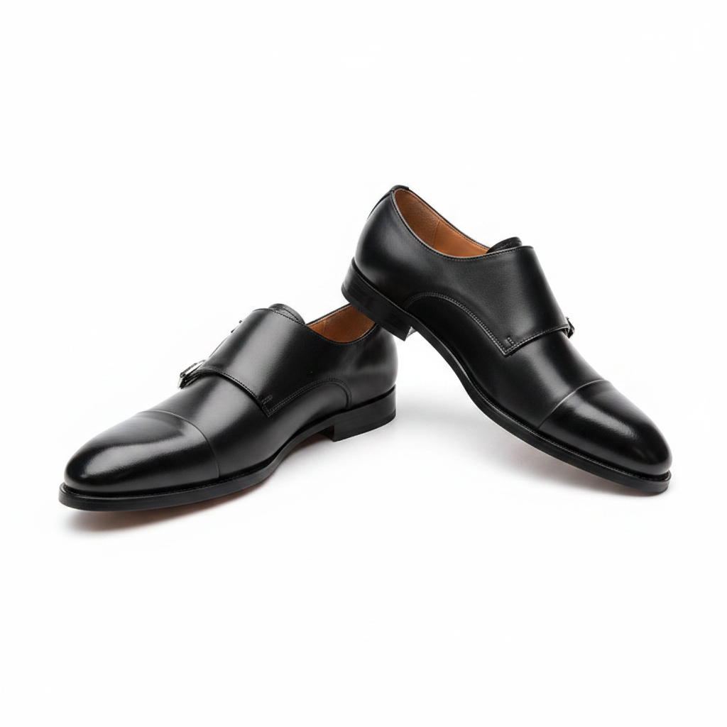 Black polished leather double monk strap dress shoe ghost mannequin product shot, plain white background