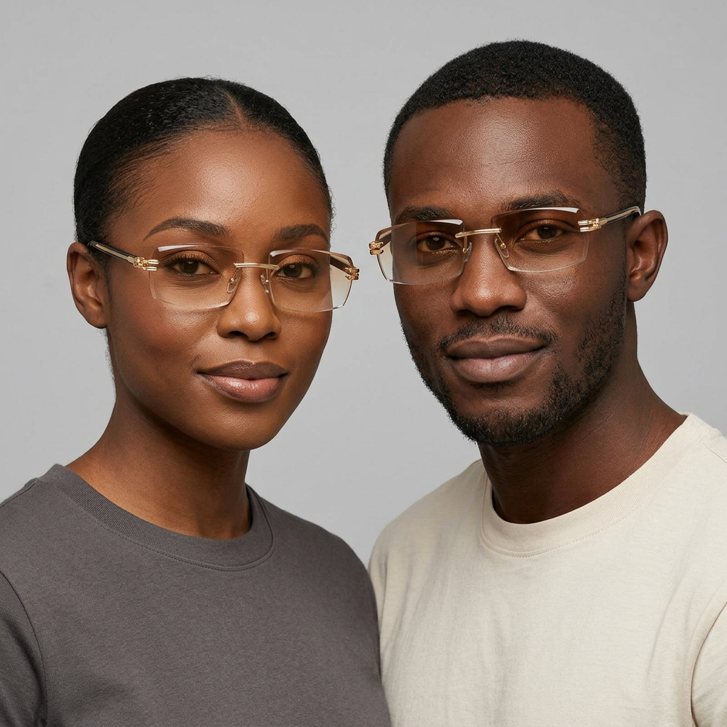 Light brown gradient rimless glasses on two Black adult models