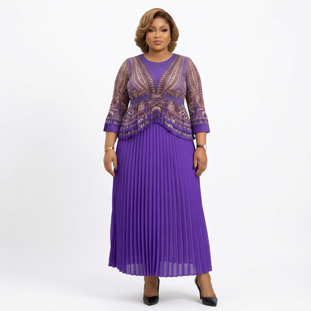 Black adult model wearing a purple patterned top and matching pleated maxi skirt