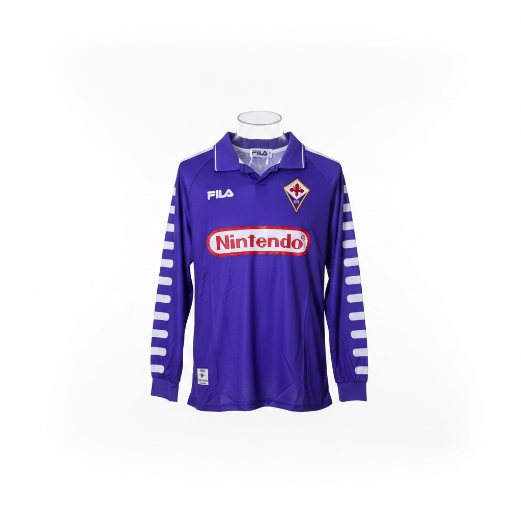 Purple long-sleeve retro football jersey with striped sleeves and V-neck collar, ghost mannequin front view