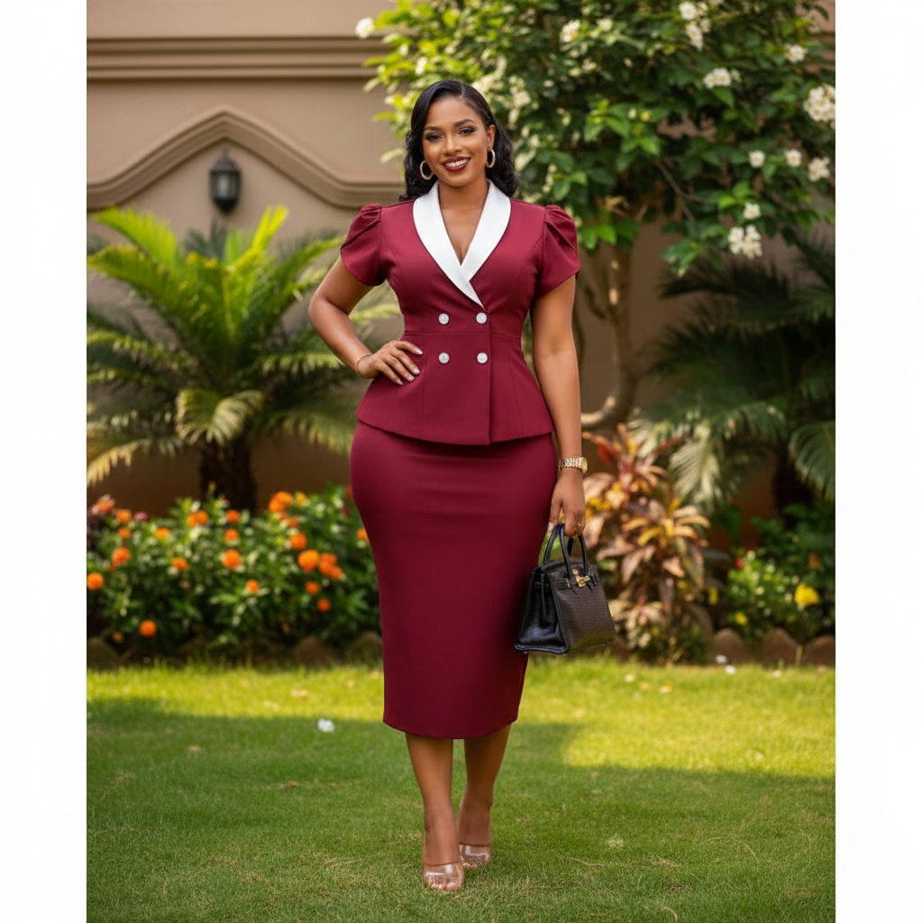 Nigerian female model wearing burgundy double-breasted peplum blazer and pencil skirt co-ord set