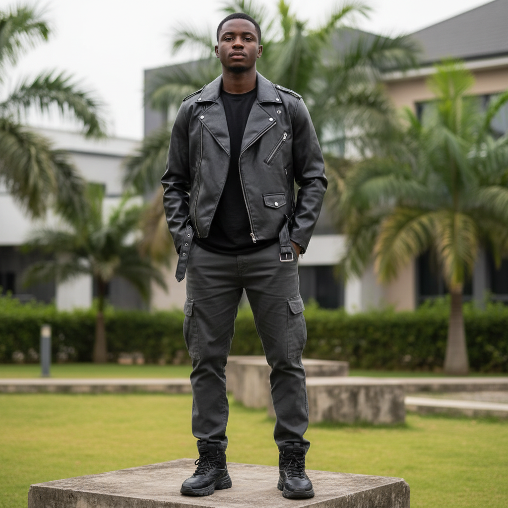 Nigerian male model wearing matte black faux leather biker jacket — full body street style