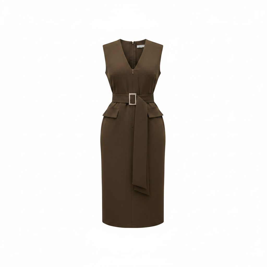 Women's dark brown sleeveless belted midi dress – ghost mannequin view
