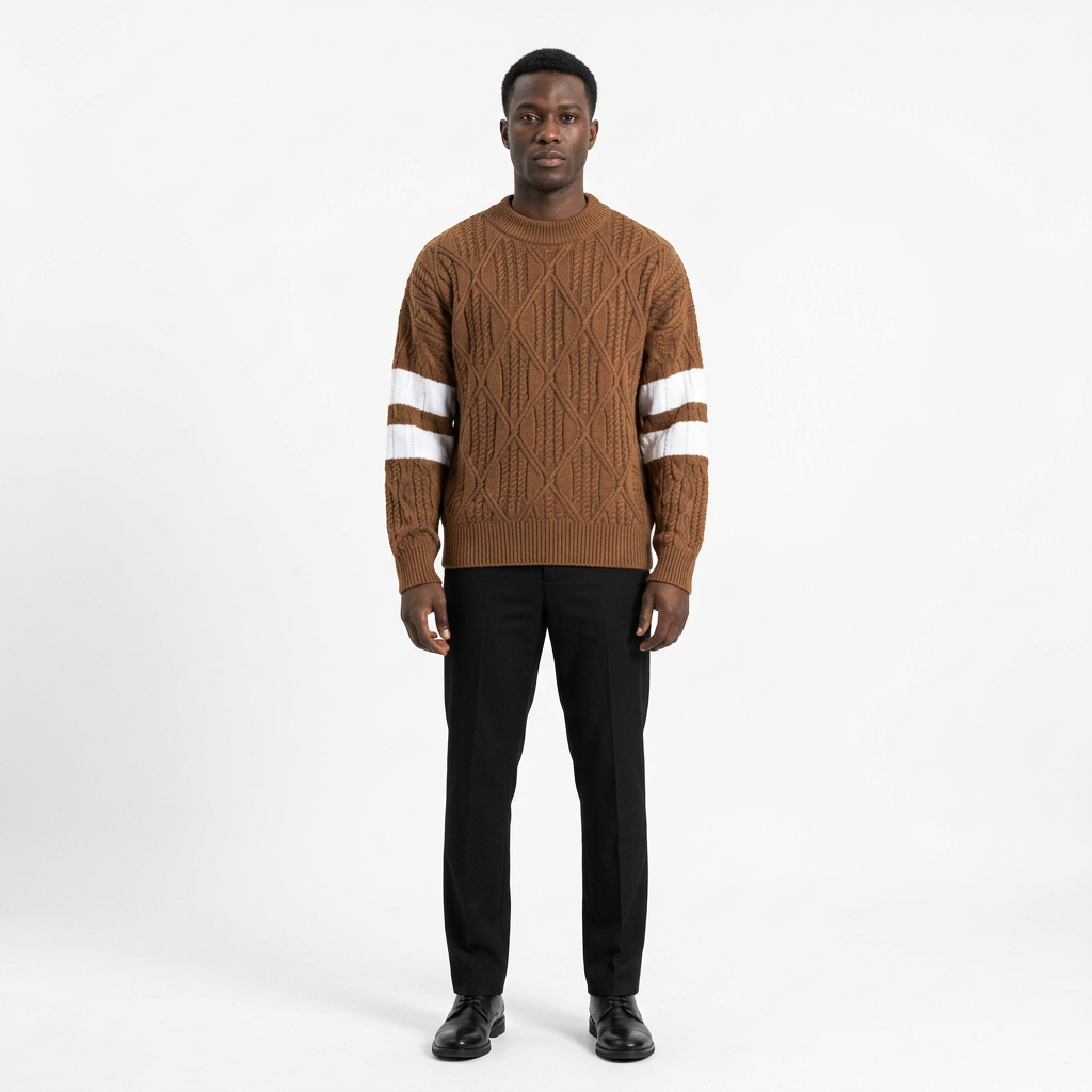 Full-body adult Black man wearing a brown cable-knit white sleeve-stripe sweater