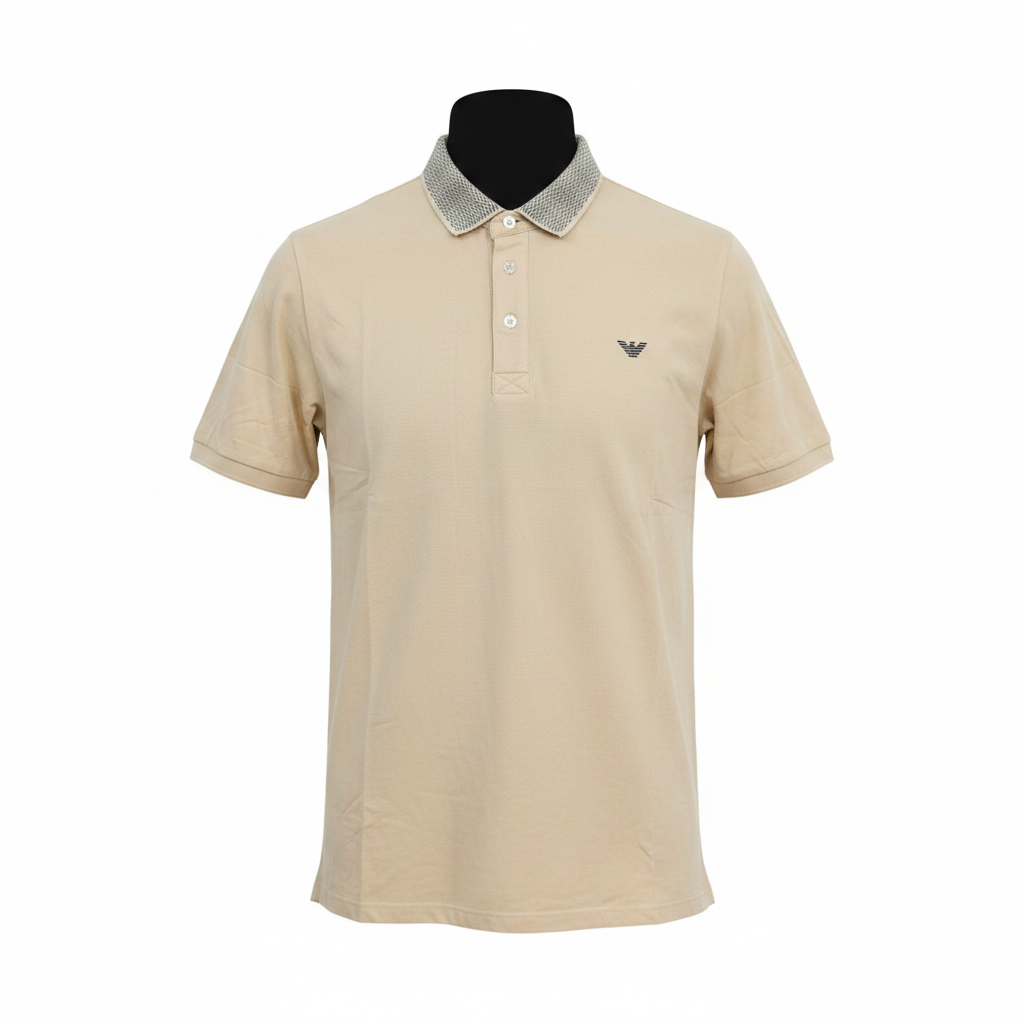 Cream polo shirt with geometric contrast collar ghost mannequin front view on white background