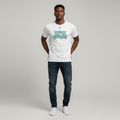 Young Nigerian male wearing white teal graffiti wildstyle graphic crew neck tee