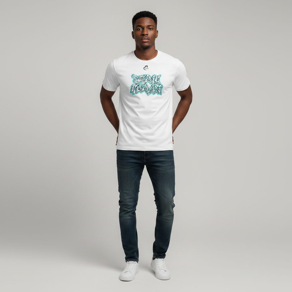 Young Nigerian male wearing white teal graffiti wildstyle graphic crew neck tee