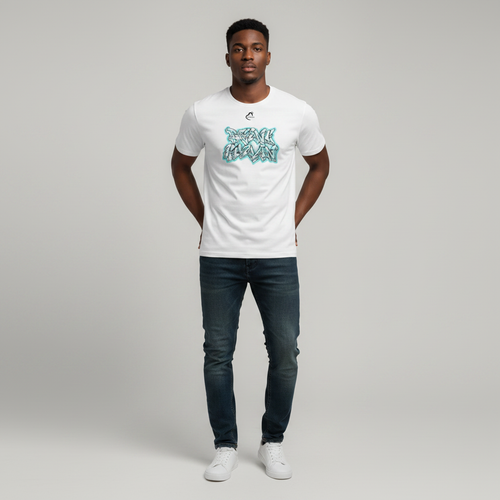 Young Nigerian male wearing white teal graffiti wildstyle graphic crew neck tee