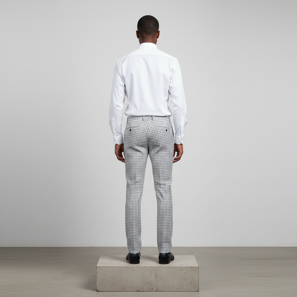White Navy Houndstooth Trousers – Back Model