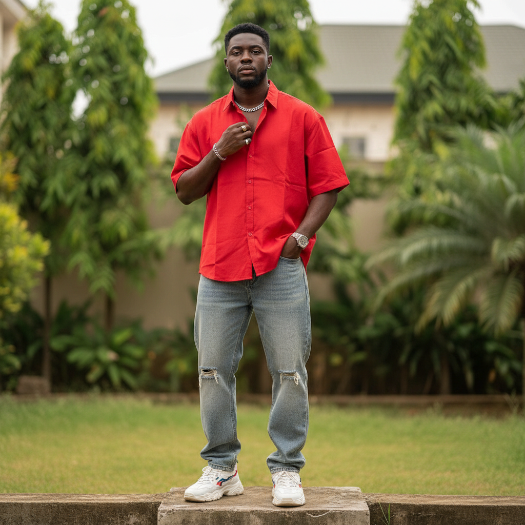 Nigerian male model wearing red oversized short-sleeve button-down shirt – full body lifestyle shot