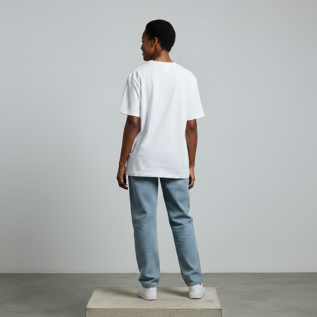 Nigerian female model back view wearing plain white T-shirt - consistent model