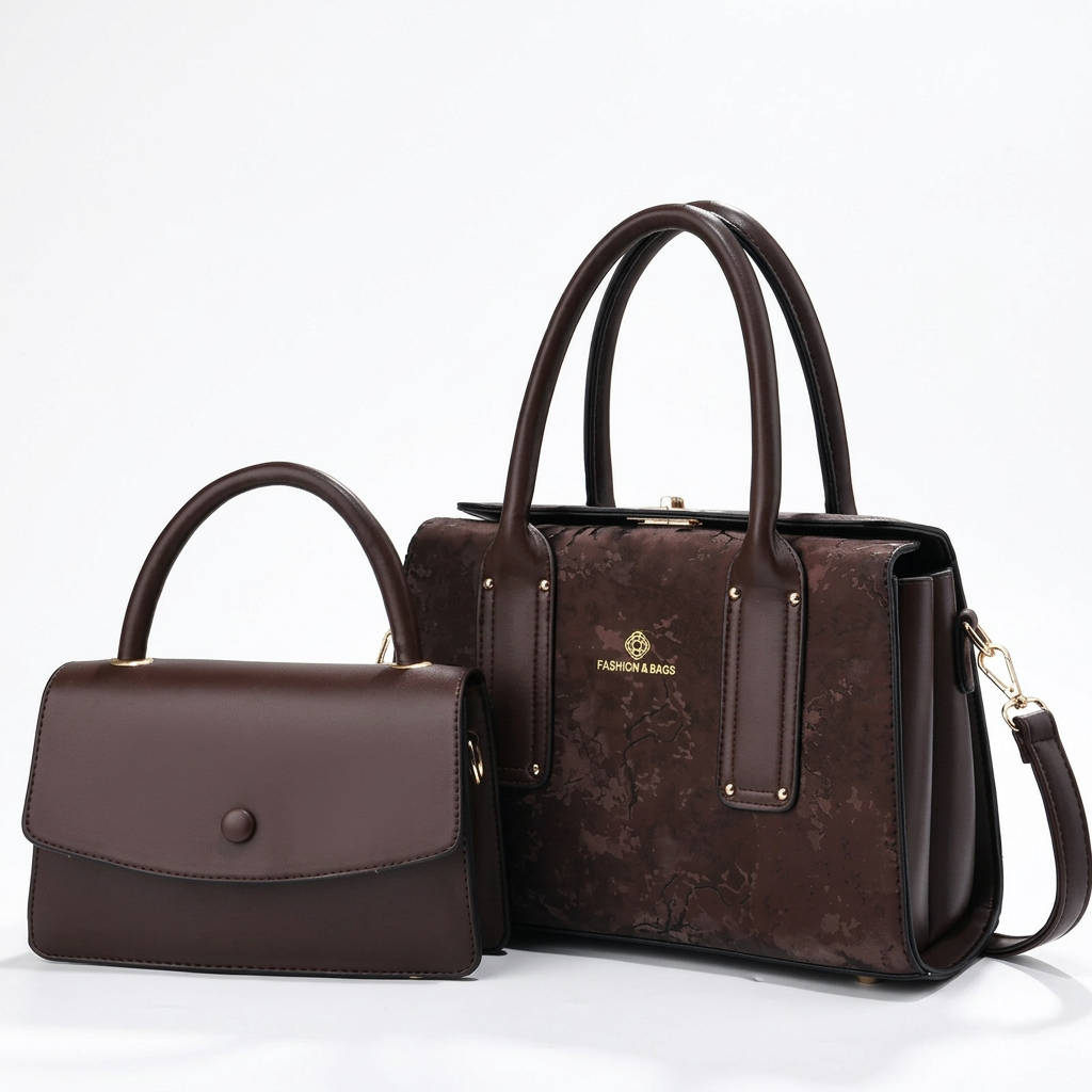 Chocolate textured tote and mini top-handle bag set on white