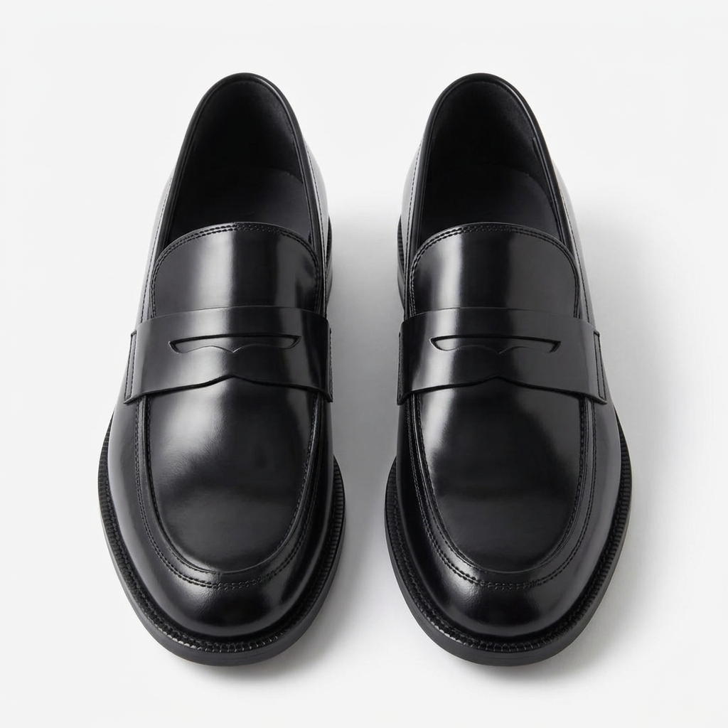 Pair of glossy black penny loafers on a plain white background