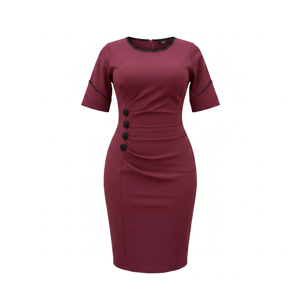 Women's Burgundy Ruched Button-Detail Bodycon Midi Dress - Ghost Mannequin