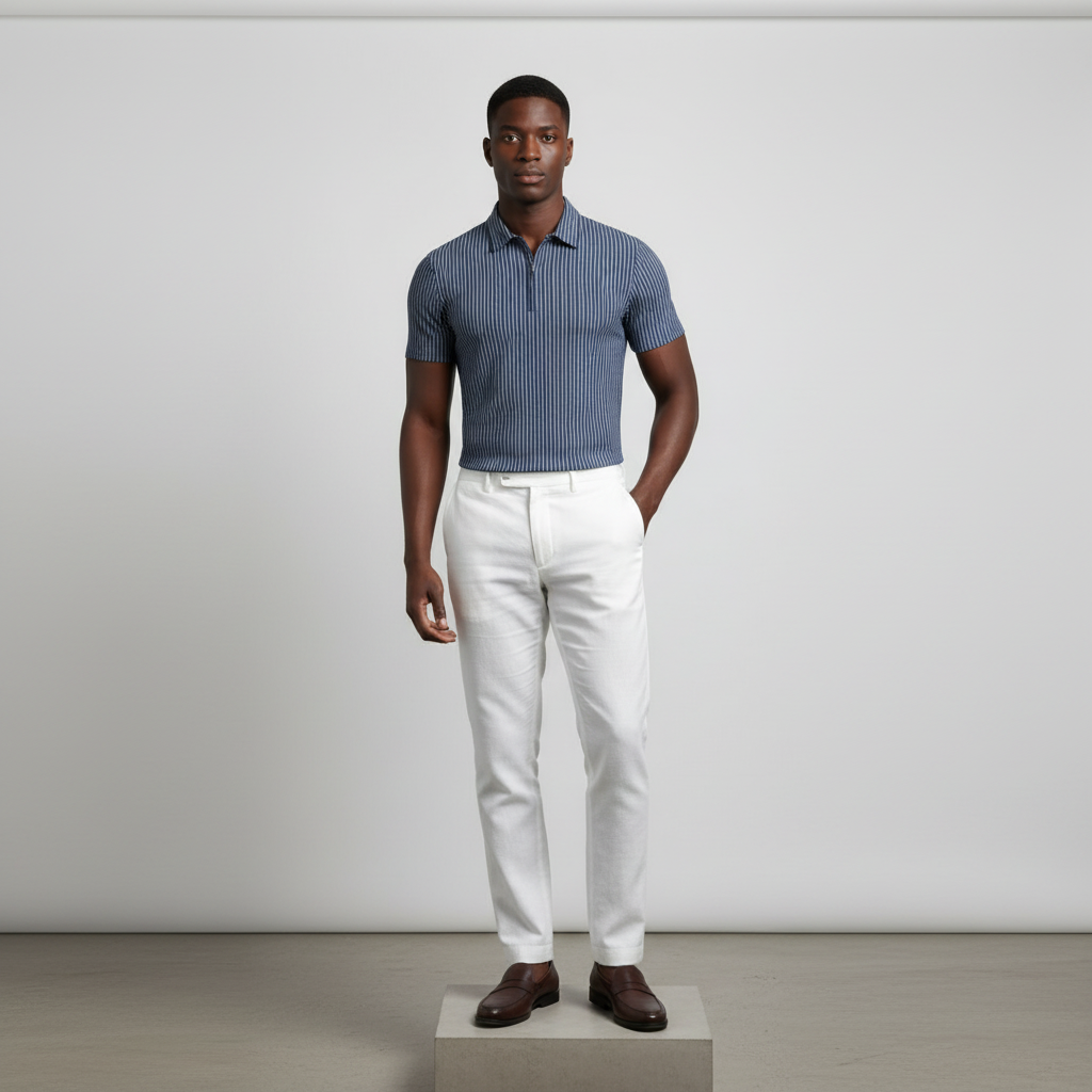 Navy Pinstripe Zip Polo Shirt - Model Front