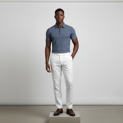Navy Pinstripe Zip Polo Shirt - Model Front