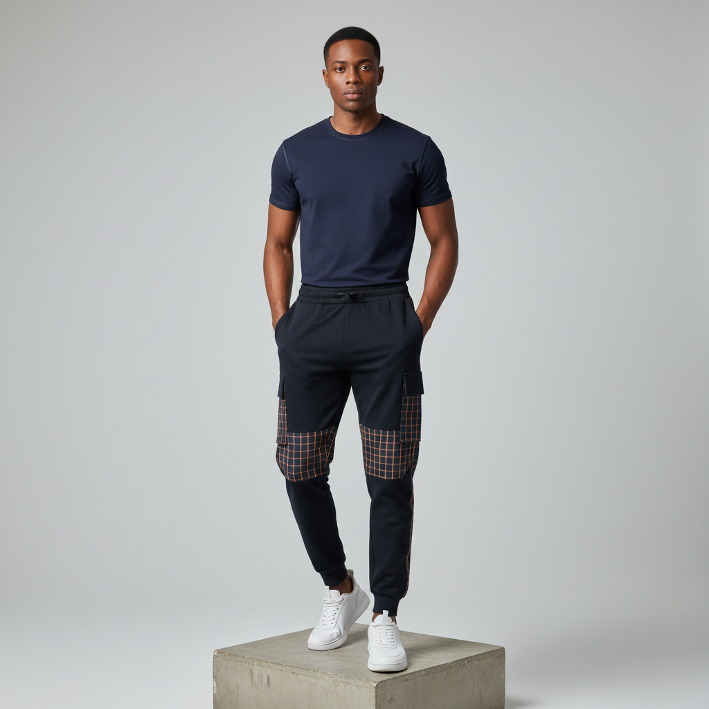 Nigerian model wearing navy plaid cargo joggers