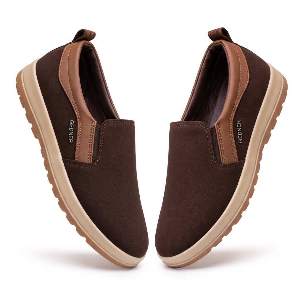 Brown slip-on shoe pair with tan trim on white
