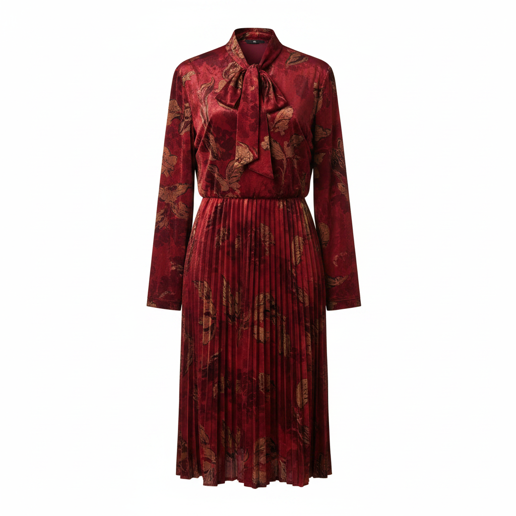 Burgundy Jacquard Velvet Pleated Midi Dress - Ghost Mannequin