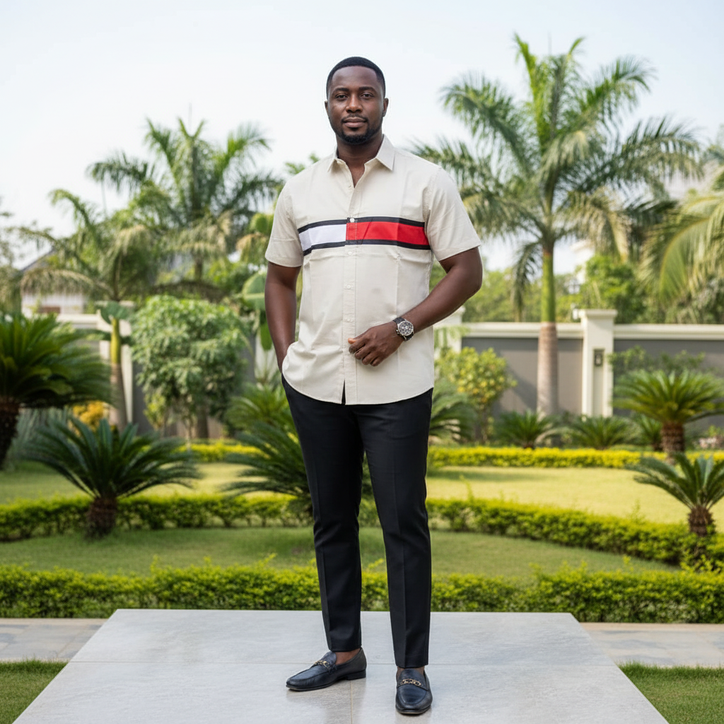 Cream Striped Short-Sleeved Shirt - Model Front
