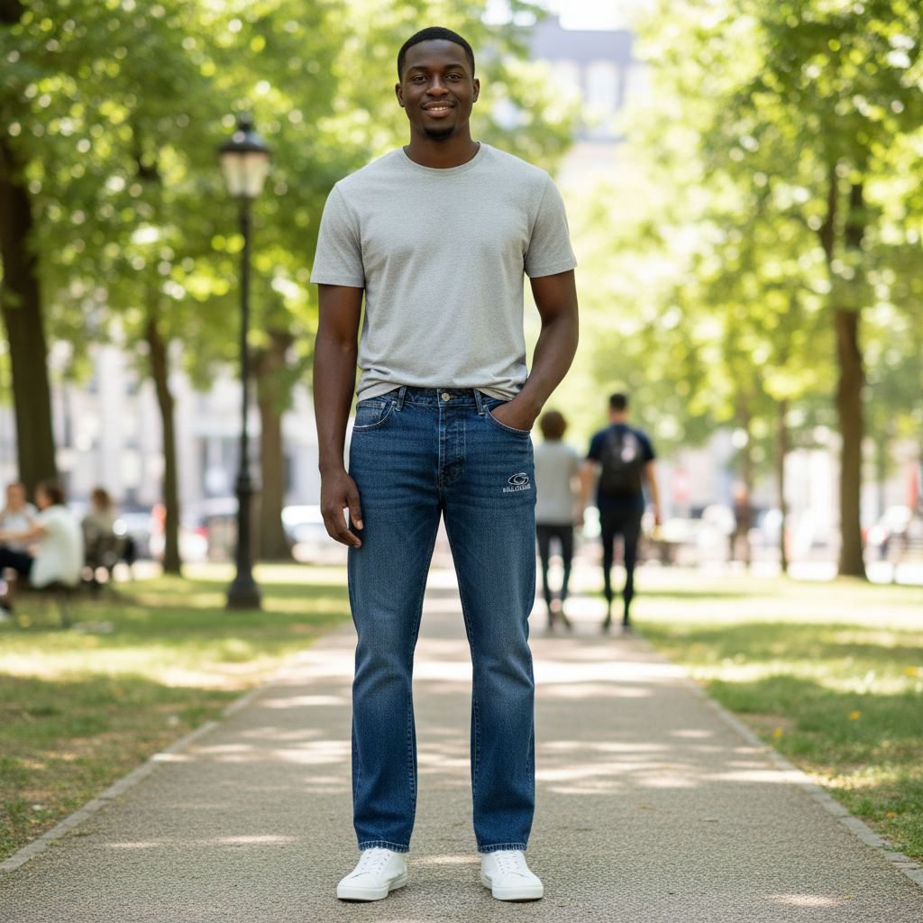 Nigerian model wearing Dark Indigo Washed Straight-Leg Oval Logo Embroidered Jeans