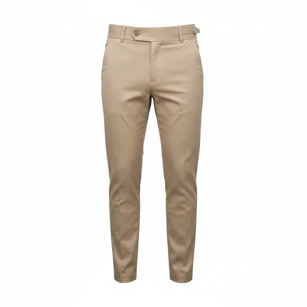 Ghost mannequin front view of khaki beige slim fit chino trousers with side buckle waist
