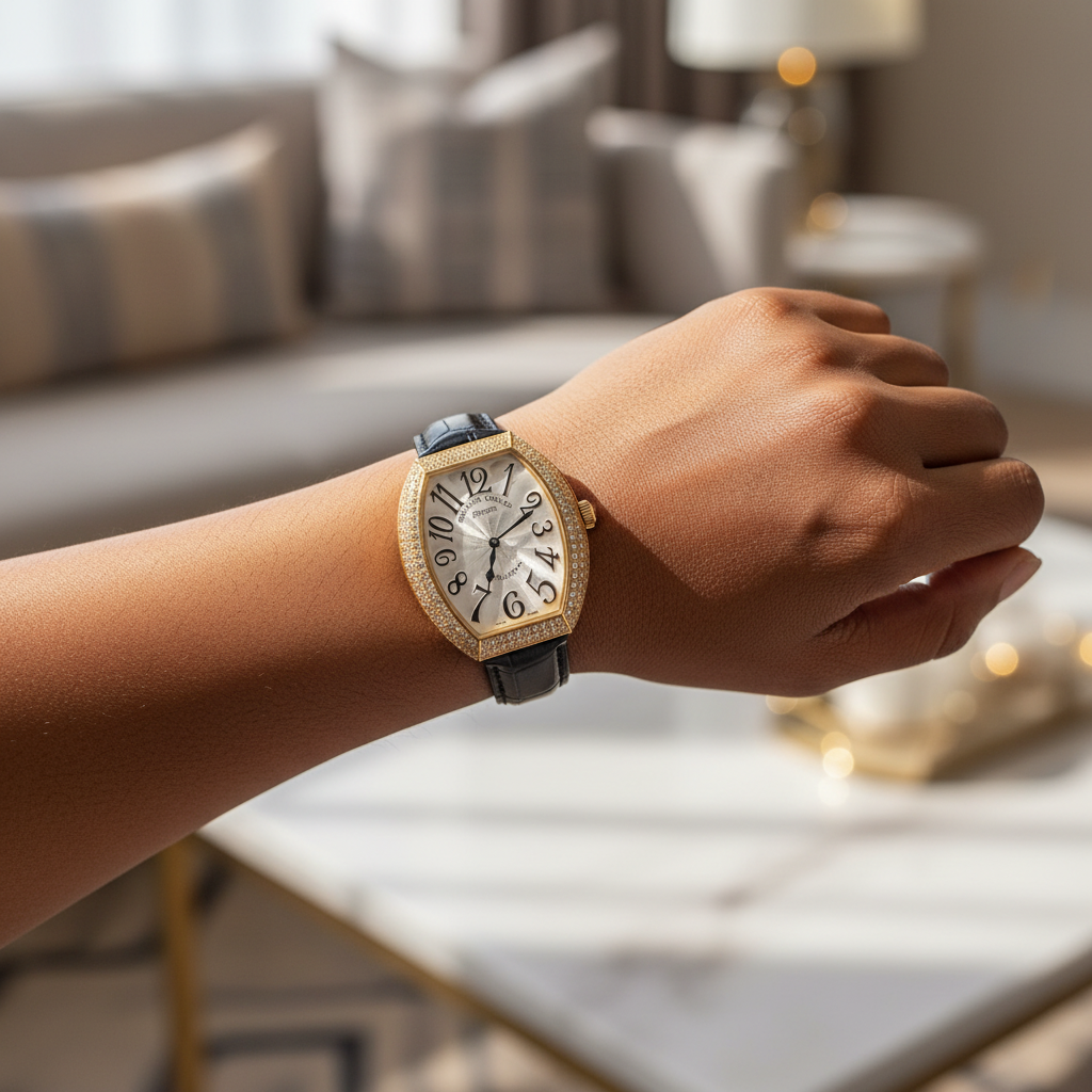 Women's gold tonneau watch worn on Nigerian model wrist — lifestyle shot