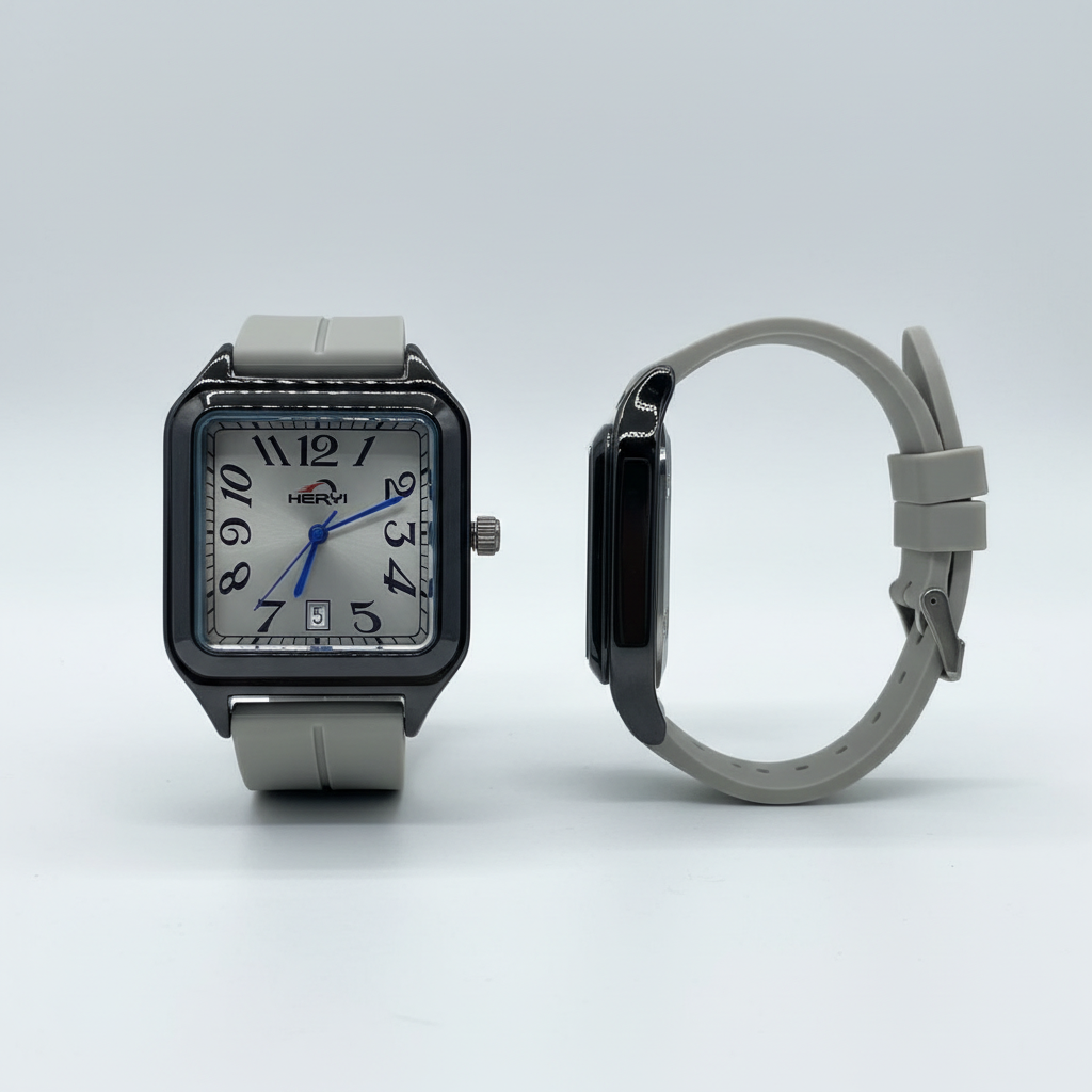 Grey strap numeral square wristwatch shown from the front and side