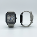 Grey strap numeral square wristwatch shown from the front and side