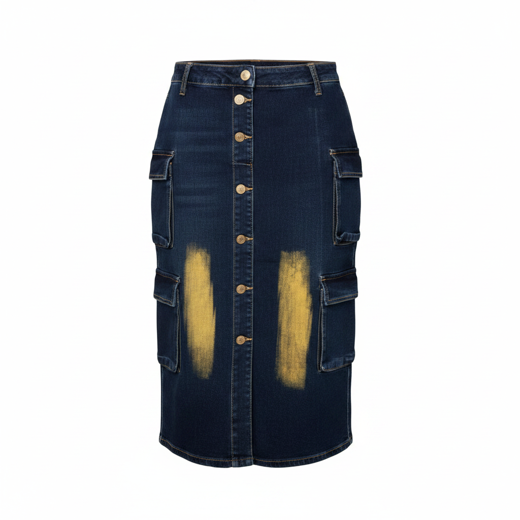 Ghost Mannequin – Yellow Panel Cargo Denim Midi Skirt