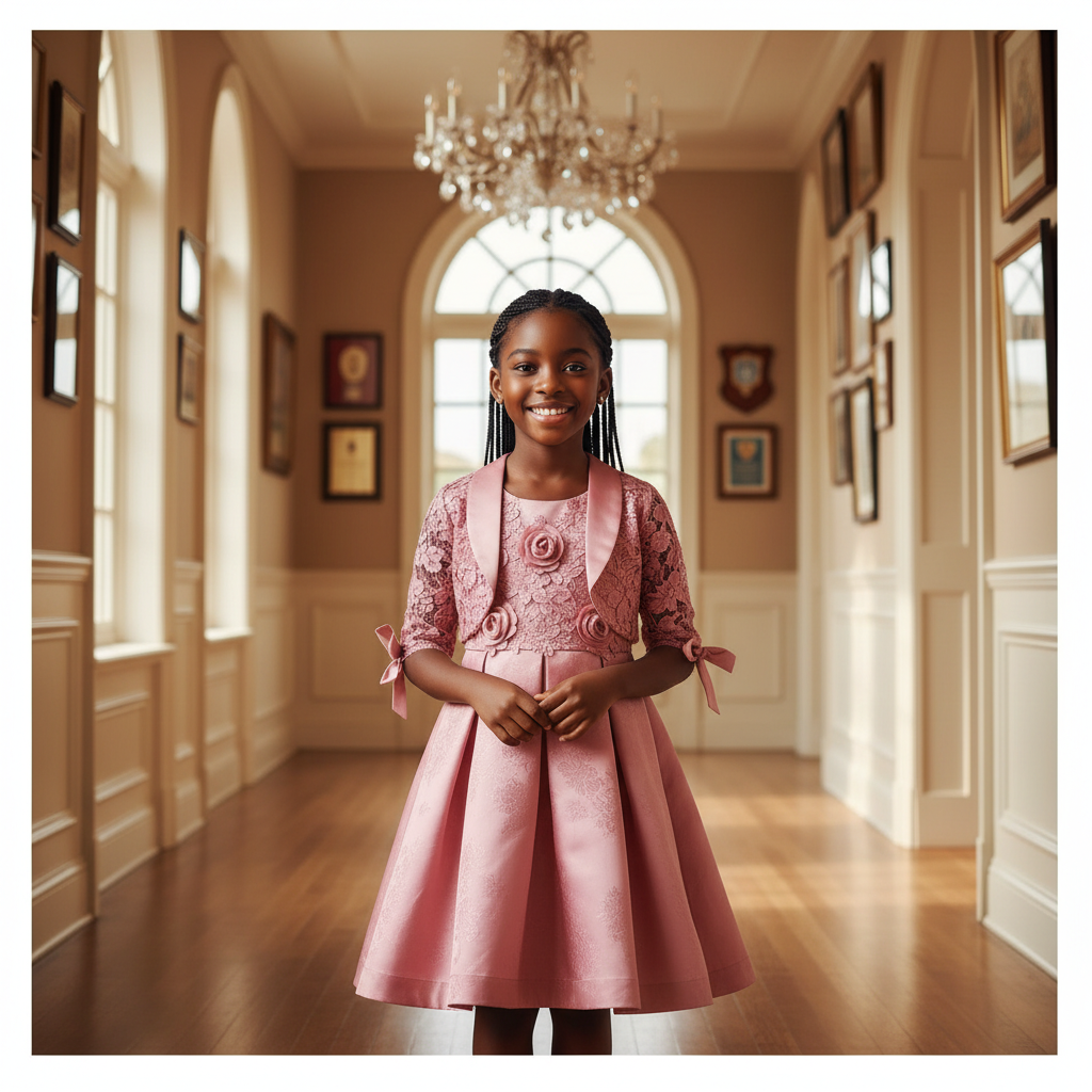 Children's Pink Lace & Satin Graduation Dress Set – Model Shot