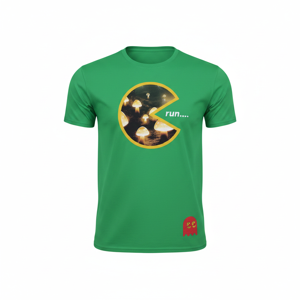 Unisex green round-neck retro gaming Pac-Man graphic t-shirt ghost mannequin view