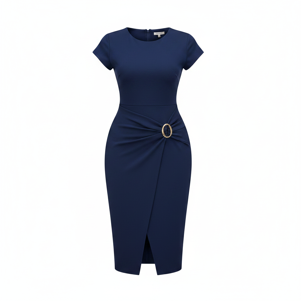 Women's Navy Blue O-Ring Buckle Short-Sleeve Fitted Midi Dress – Ghost Mannequin Front View