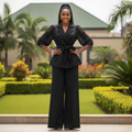 Black Ruched Sleeve Peplum Blazer Set - Front Model View
