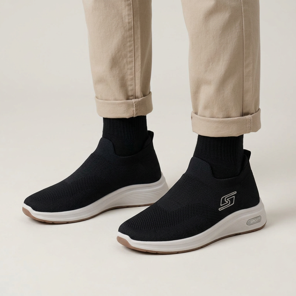 Pair of black knit slip-on sneakers worn with neutral trousers