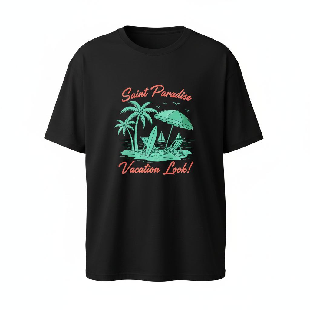 Unisex black tropical paradise vacation graphic oversized tee – ghost mannequin front view